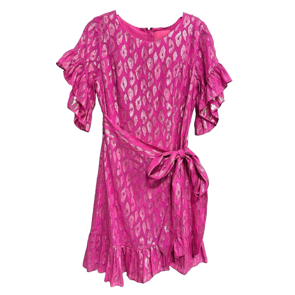 Lilly Pulitzer Women Darlah Silk Dress 4 Pink Gold Metallic Leopard Ruffle Party